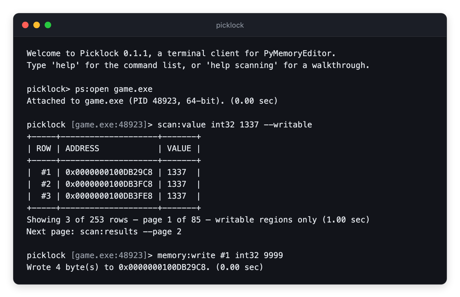 A Picklock session: attaching to a process, scanning for a value, and writing to it